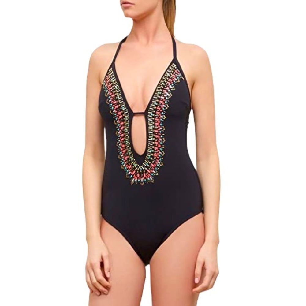 KENNETH COLE REACTION | Women's Sea Gypsy Beaded Plunge One Piece Swimsuit Large
